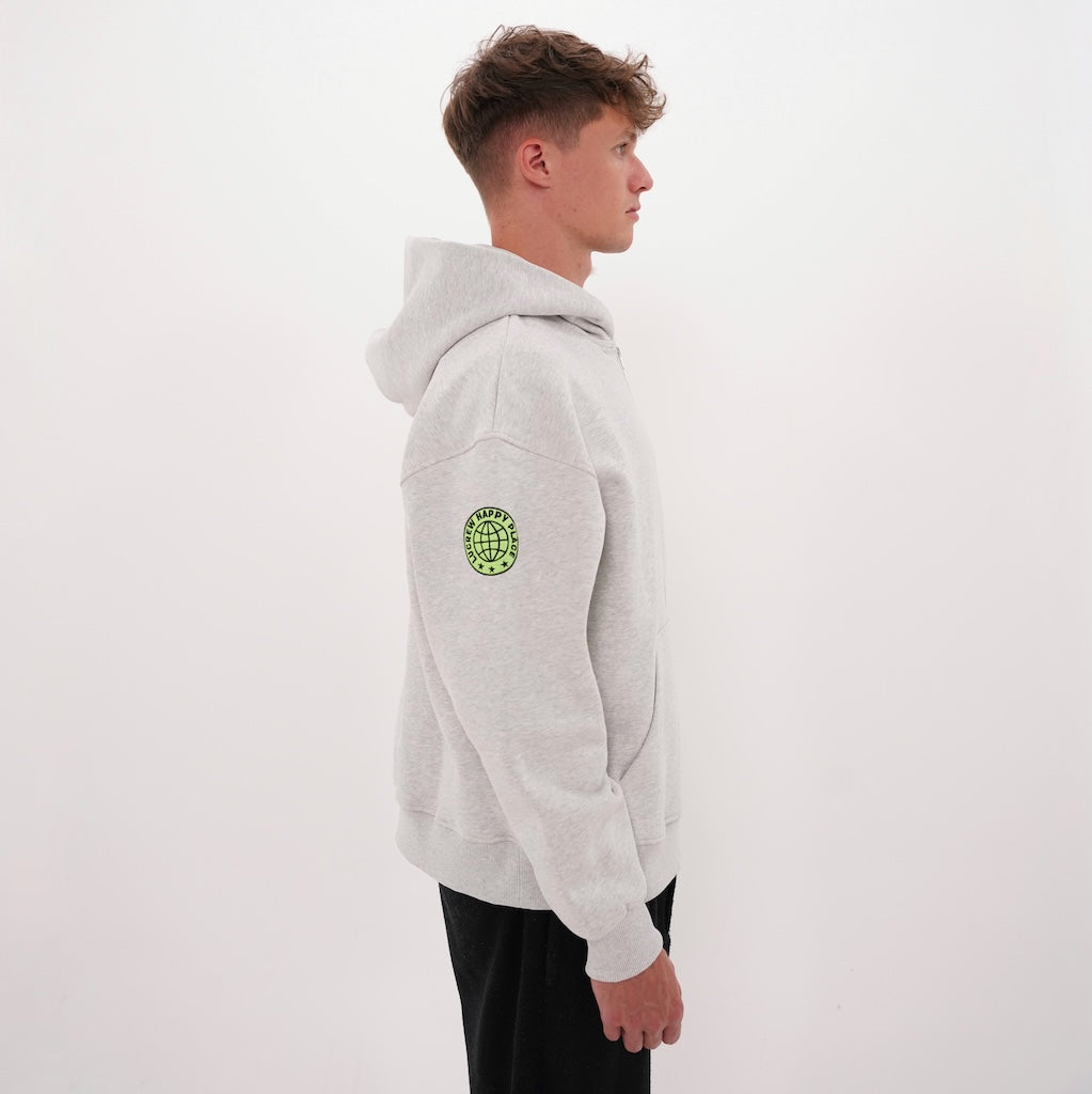 Graue LUCREW Patches Hoodie Jacke von LaserLuca, getragen, Seitenansicht
