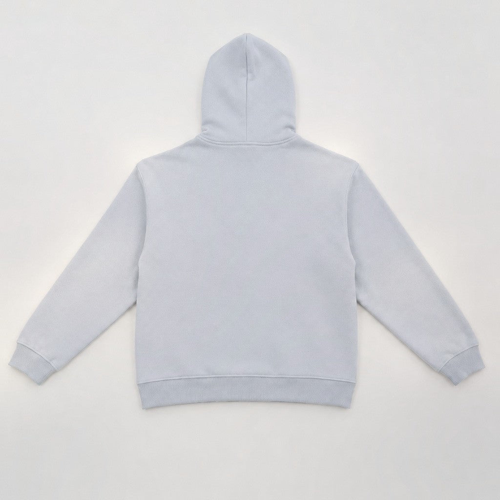 Hellblauer Smiley Hoodie von LaserLuca, hingelegt, Rückansicht