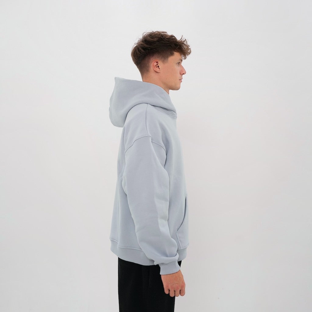 Hellblauer Smiley Hoodie von LaserLuca, Seitenansicht