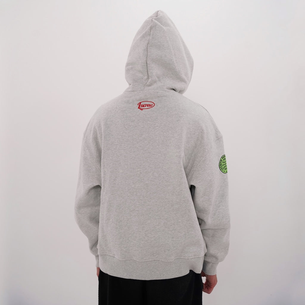 Graue LUCREW Patches Hoodie Jacke von LaserLuca, getragen, Rückansicht