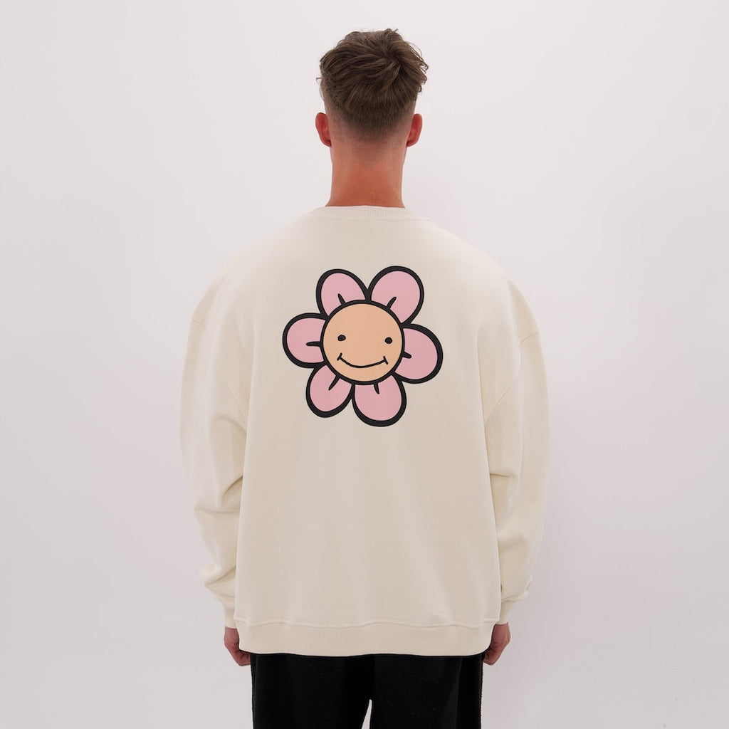 Marshmallow Sweater mit Blumen-Smiley Rückenprint von LaserLuca, getragen, Rückansicht