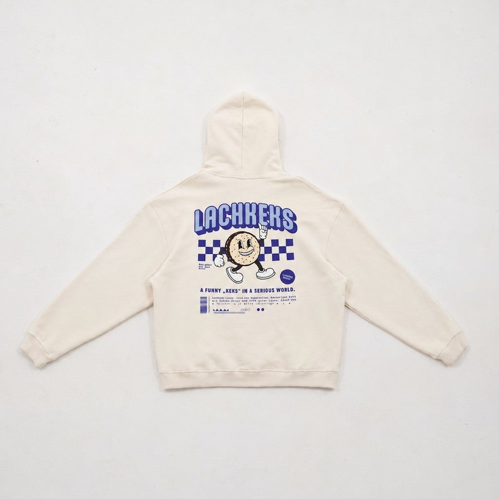 Marshmallow Lachkeks Hoodie von LaserLuca mit Rückenprint, hingelegt, Rückansicht