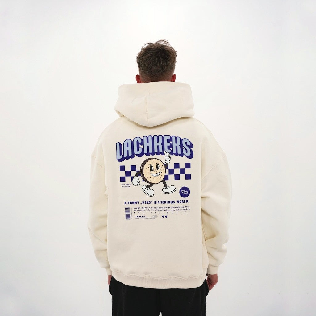 Marshmallow Lachkeks Hoodie von LaserLuca mit Rückenprint, getragen, Rückansicht